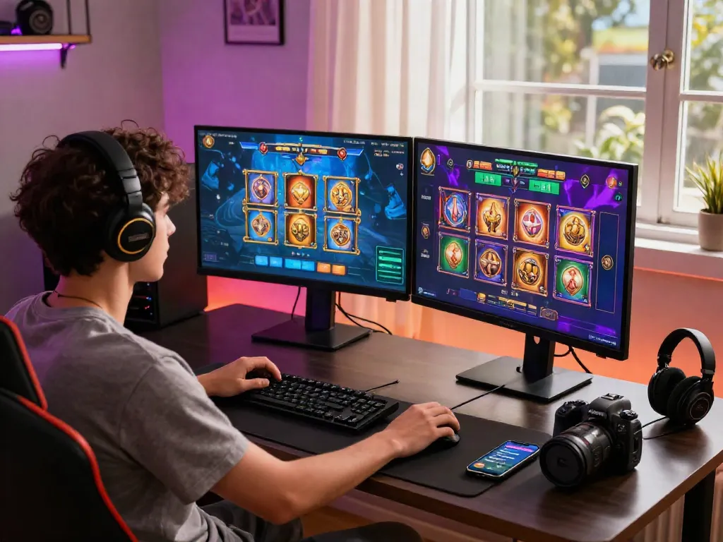 Engaging user enjoying a slot game on dual monitors in a cozy gaming setup.
