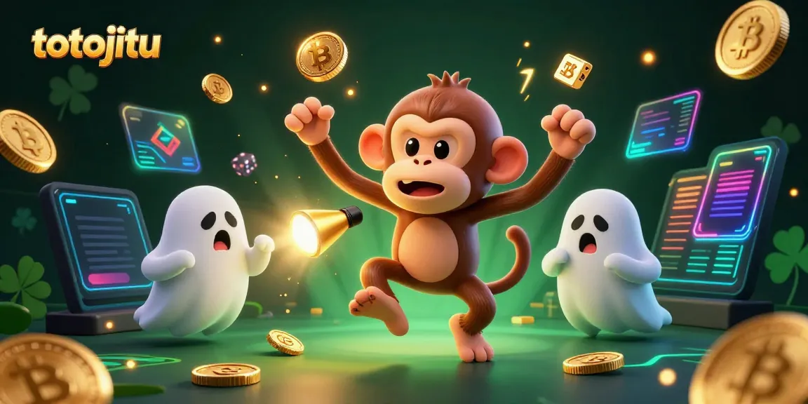 Engaging scene of totojitu with a ghost-hunter puppy chasing a playful monkey juggling golden casino objects.