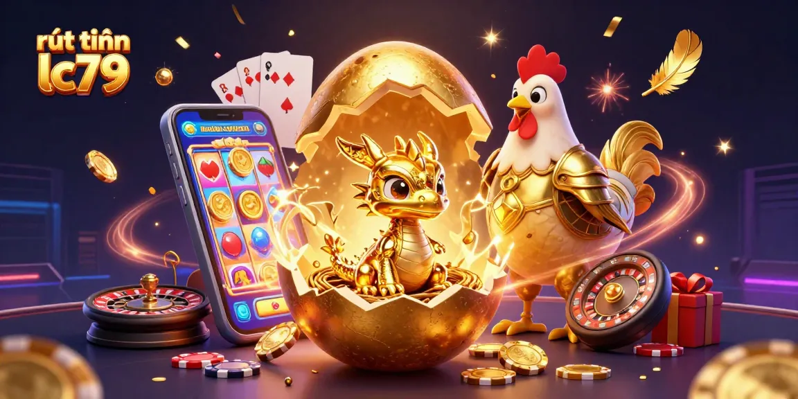 Trải nghiệm rút tiền lc79 dễ dàng, hình ảnh sinh động với các biểu tượng game và vàng.