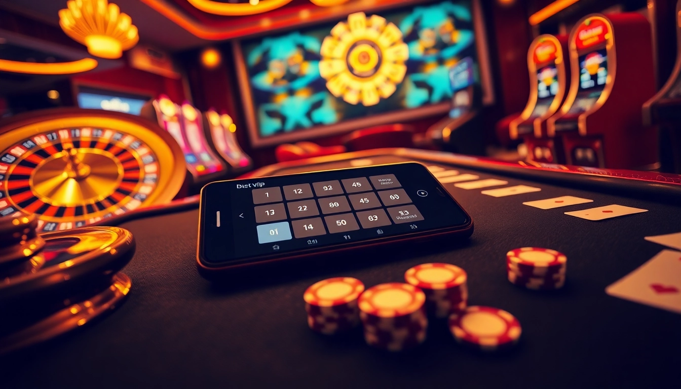 Trải nghiệm sự phấn khích với Bet VIP App, thể hiện các yếu tố sòng bạc sang trọng và hành động chơi game sôi động.
