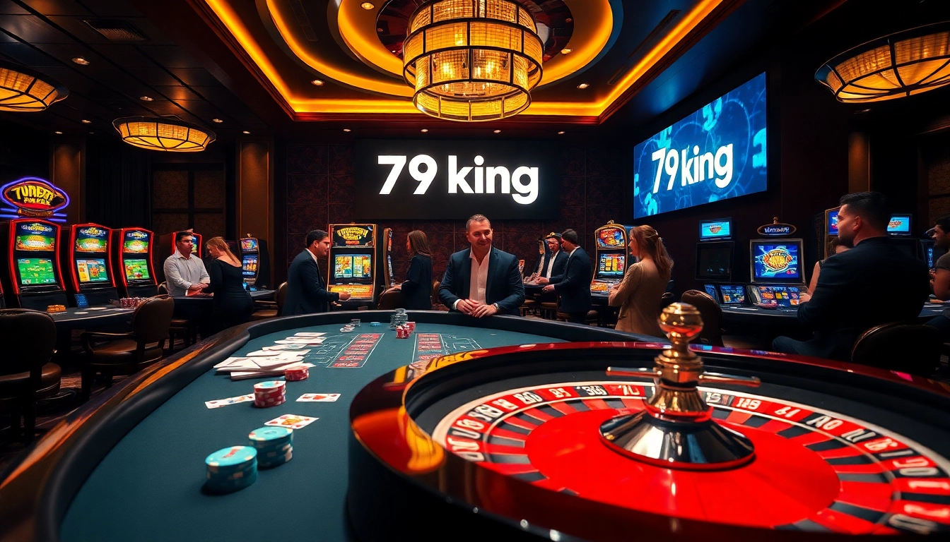 Engaging gambling scene at 79king casino with poker chips, cards, and roulette wheel.