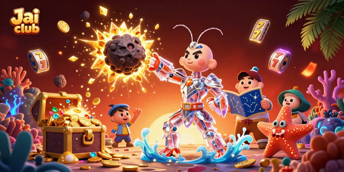 Engage with Jai club's vibrant casino illustration featuring a galactic mantis shrimp and treasures.