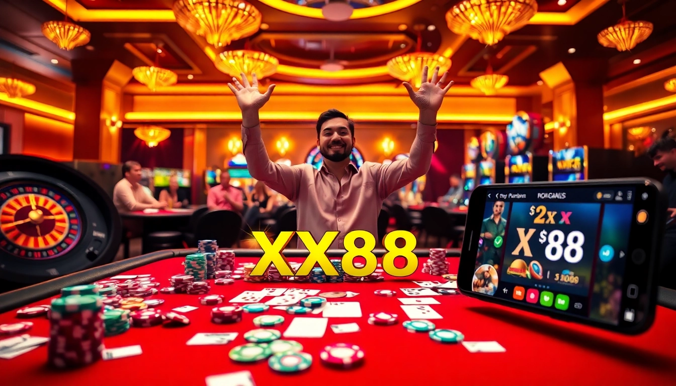 Engaging scene of a vibrant casino table at XX88 with poker chips and players celebrating wins.