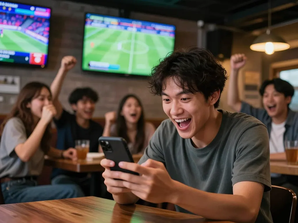 Excitedly placing a wager on kèo bóng đá hôm nay during live match at a sports bar.