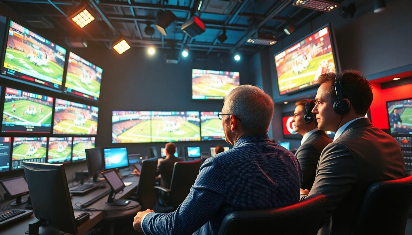 Engaging image of sports broadcasting team analyzing live events in a professional studio.