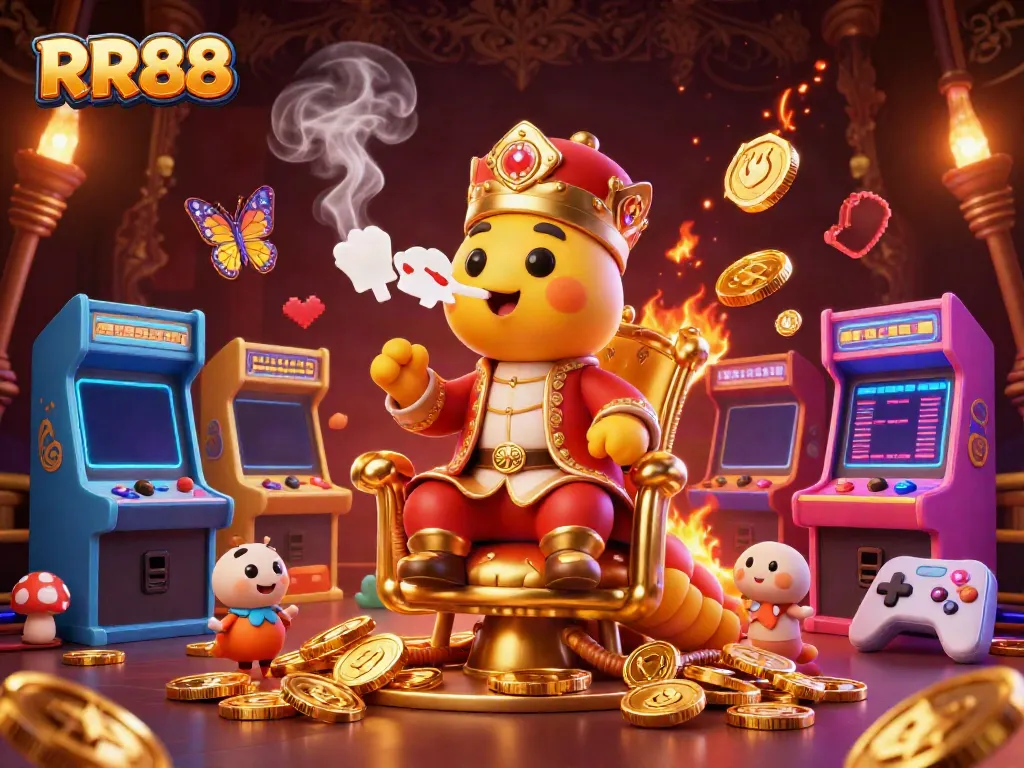 Engaging illustration showcasing the vibrant gaming atmosphere at RR88, highlighting a unique caterpillar character, immersive game elements, and a luxurious backdrop.