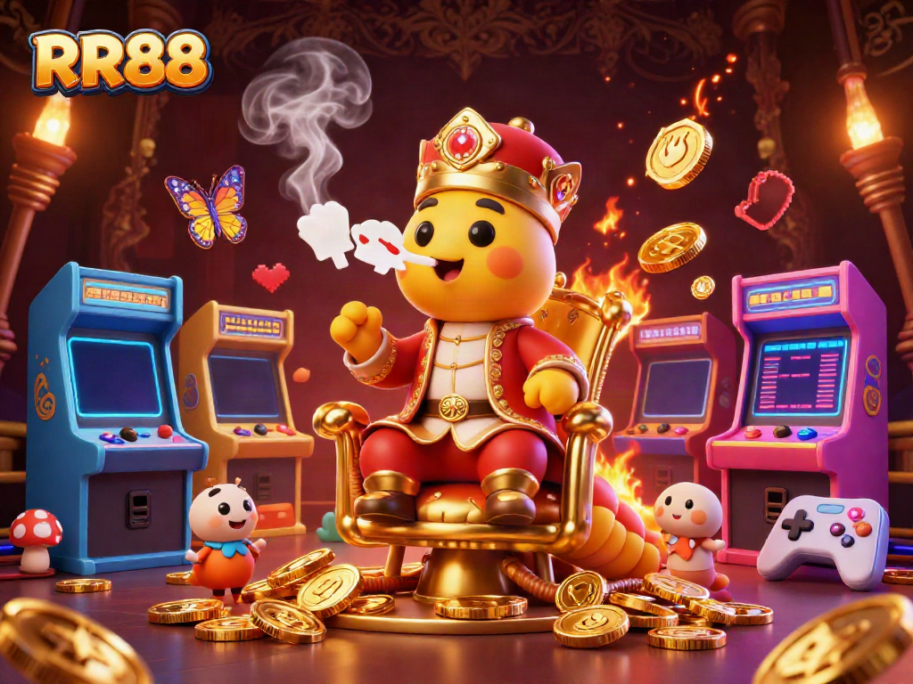 Engaging illustration showcasing the vibrant gaming atmosphere at RR88, highlighting a unique caterpillar character, immersive game elements, and a luxurious backdrop.