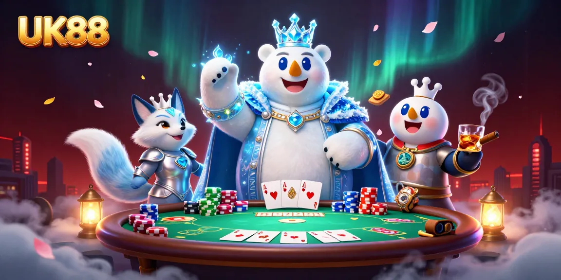 Engage in thrilling poker action with UK88 at vibrant tables surrounded by iconic characters.