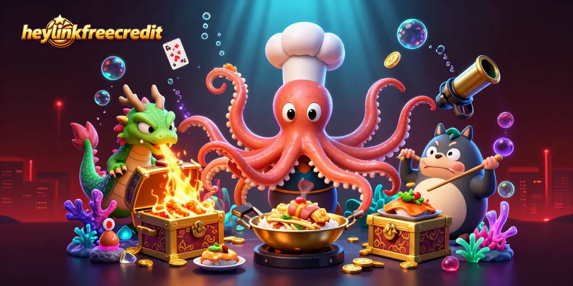 heylinkfreecredit showcases a dynamic 3D casino scene featuring an octopus chef and vibrant game elements.