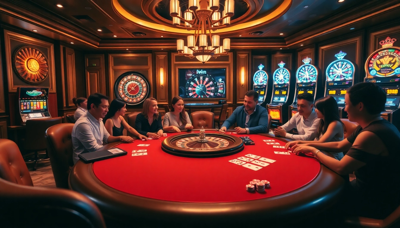IWin gaming table filled with excited players enjoying a thrilling poker game in a luxurious casino setting.