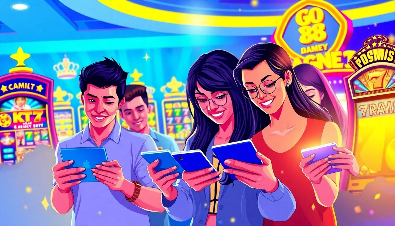 Engaging scene of players enjoying GO 88 gaming on smartphones, showcasing vibrant gameplay.