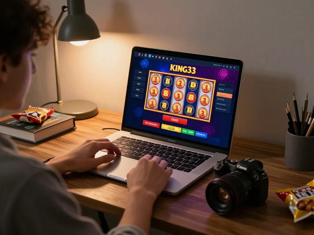 Engaged player enjoying king33 online slots on a laptop in a cozy home gaming setup.
