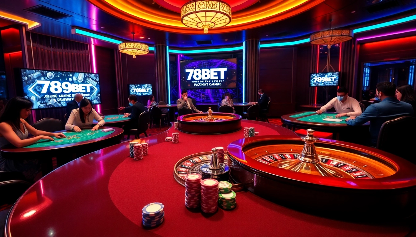 Exciting scene of players enjoying games at 789BET casino tables with vibrant colors and luxurious ambiance.