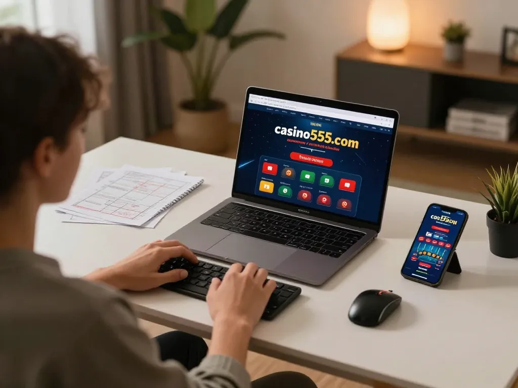 Engaging online gaming moment at https://casino555win.com/ showcasing a player strategizing in a cozy modern setup.