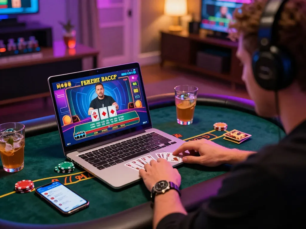 Engaging player enjoying free credit baccarat at a virtual casino table, vibrant graphics and cozy gaming setup