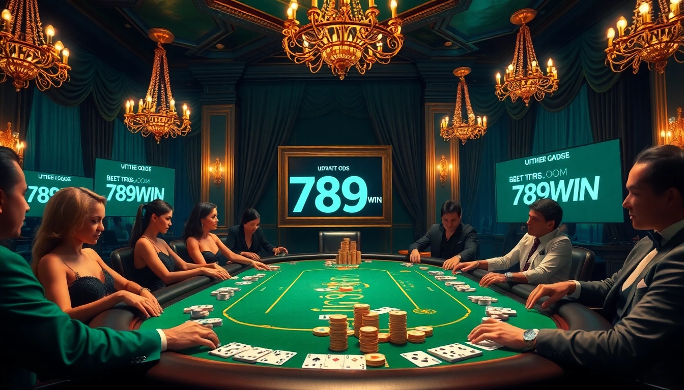 Players enjoy high-stakes poker at a luxurious casino with 789WIN prominently featured in the decor.