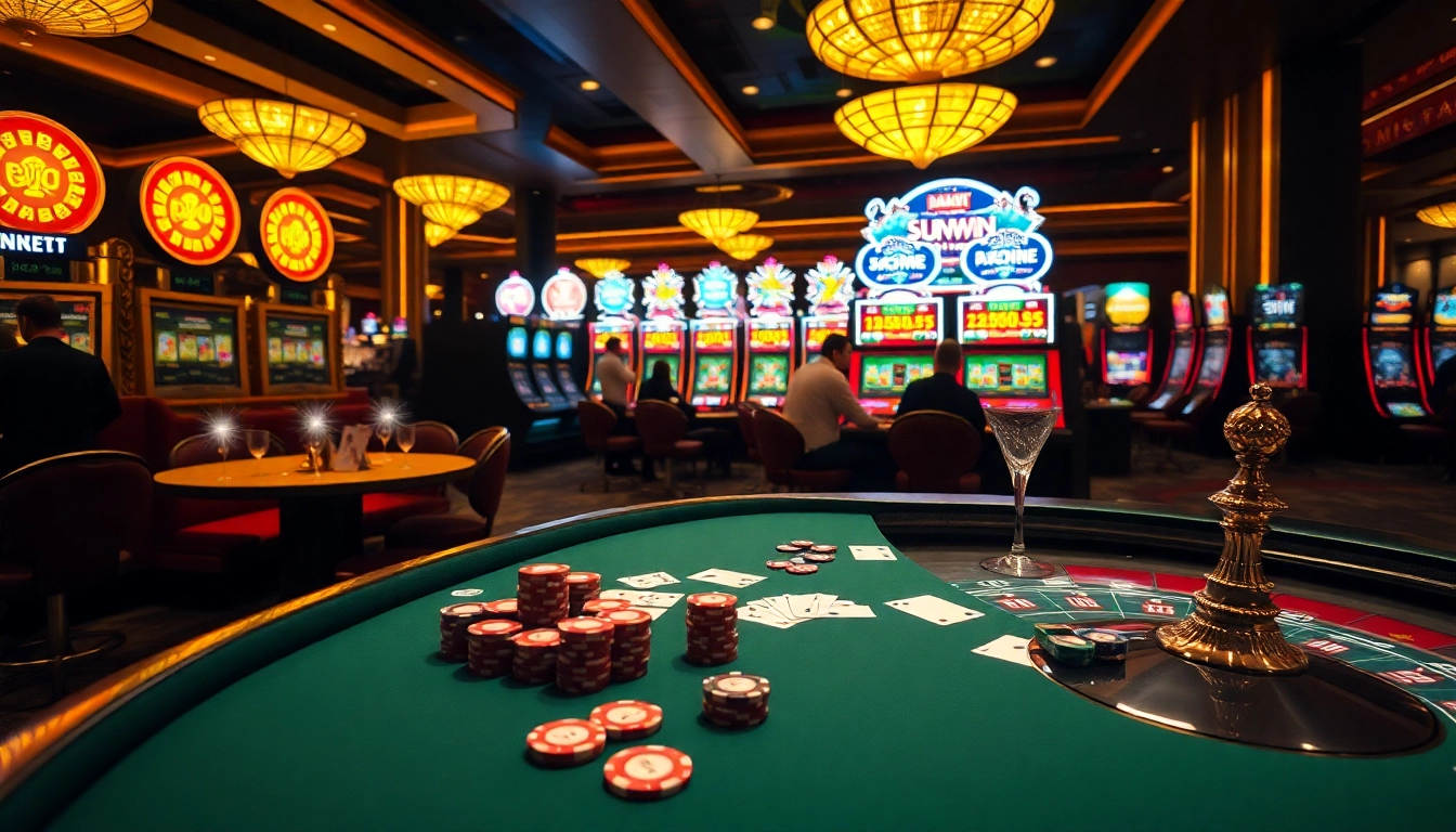 Experience the excitement of Sunwin gaming with vibrant casino scenes full of poker and slot action.
