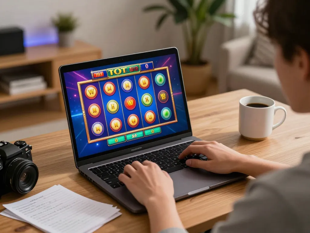 Person engaging in toto slot gameplay on laptop with vibrant interface in a cozy home setup.