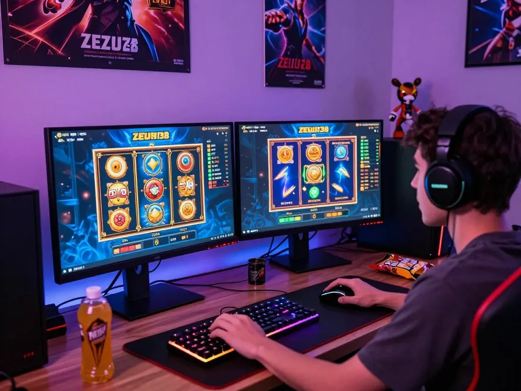 Engaging user enjoying the Zeus138 gaming experience on dual monitors with vibrant graphics and dynamic gaming setup.