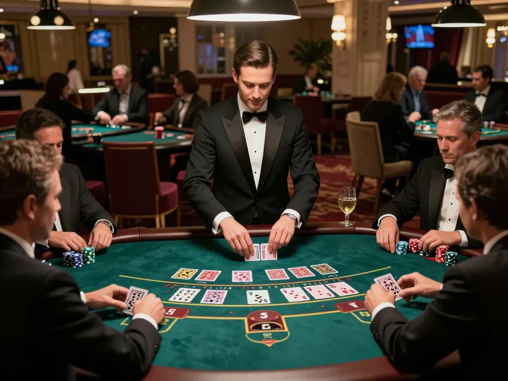 Players at kkwin's blackjack table focus on their cards in a luxurious casino setting.