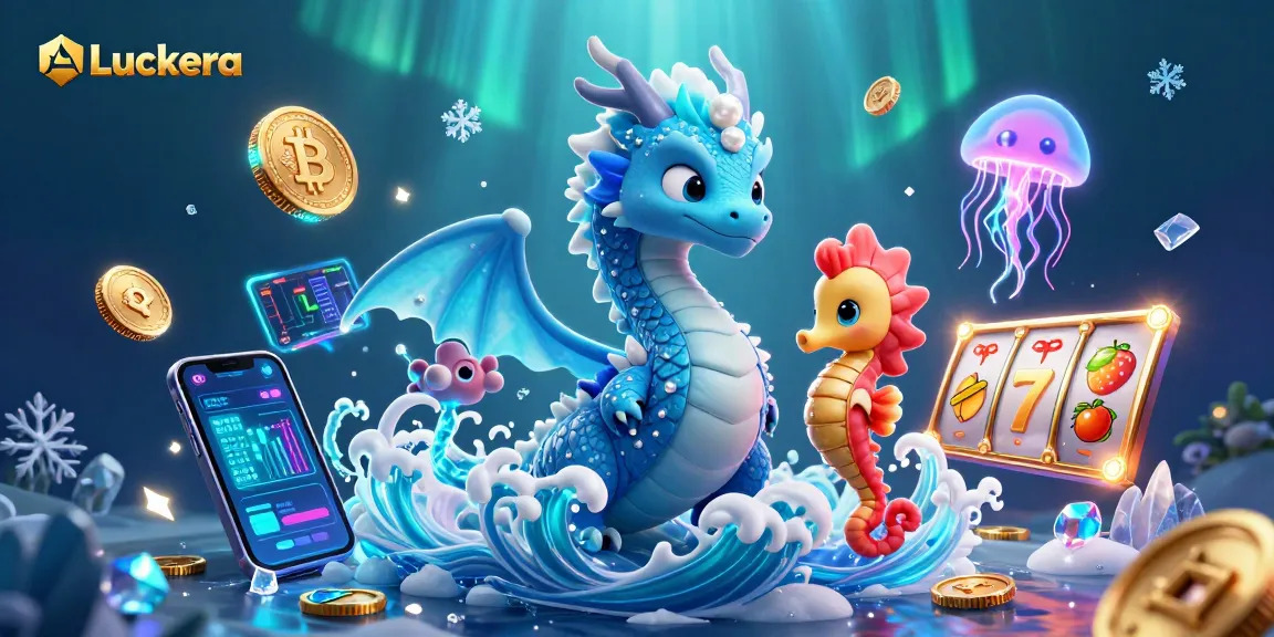 Experience Luckera's vibrant casino world with a dragon and seahorse amidst slot reels and crypto elements.