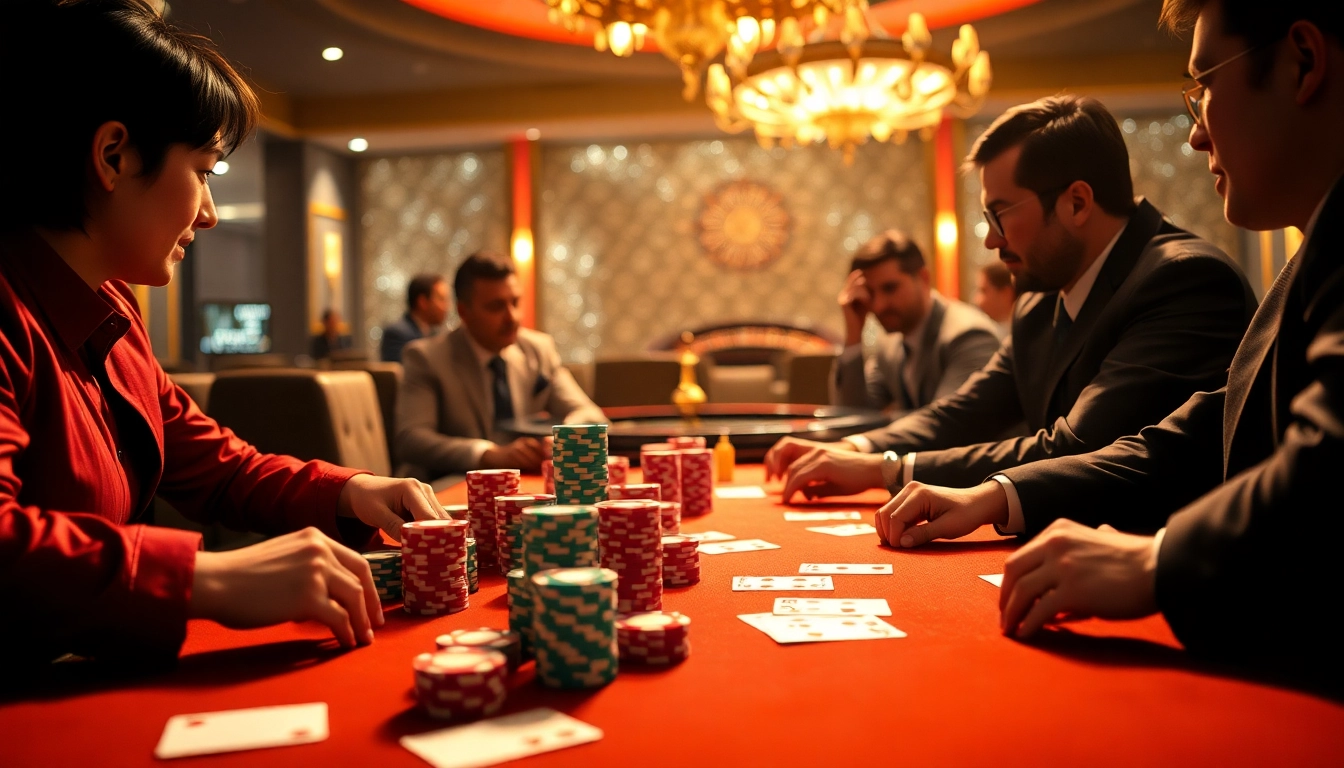 Experience the excitement of 32WIN's thrilling poker games with vibrant chips and professional players.