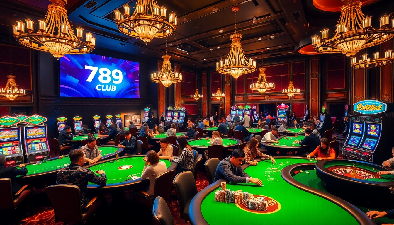 Experience thrilling gameplay at 789CLUB with vibrant casino visuals featuring poker tables and slot machines.