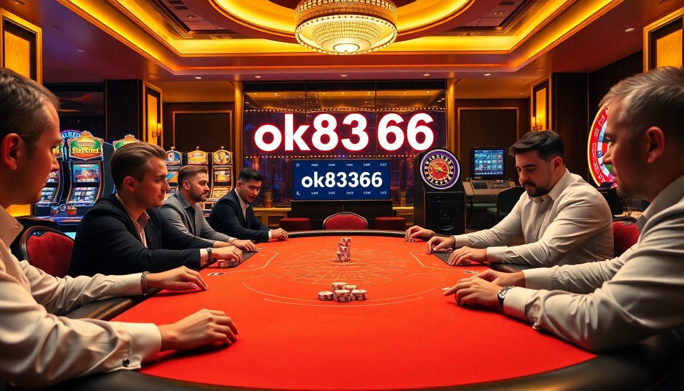 Players engaging in poker with ok8386 themed chips and cards in a luxurious casino setting.