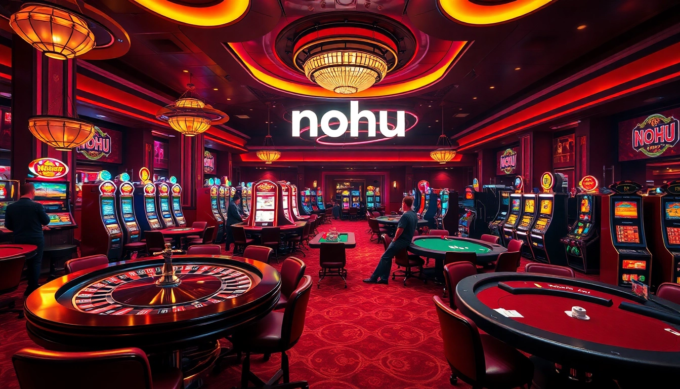 Nohu-themed casino atmosphere with engaging players at tables, showcasing excitement in gambling.