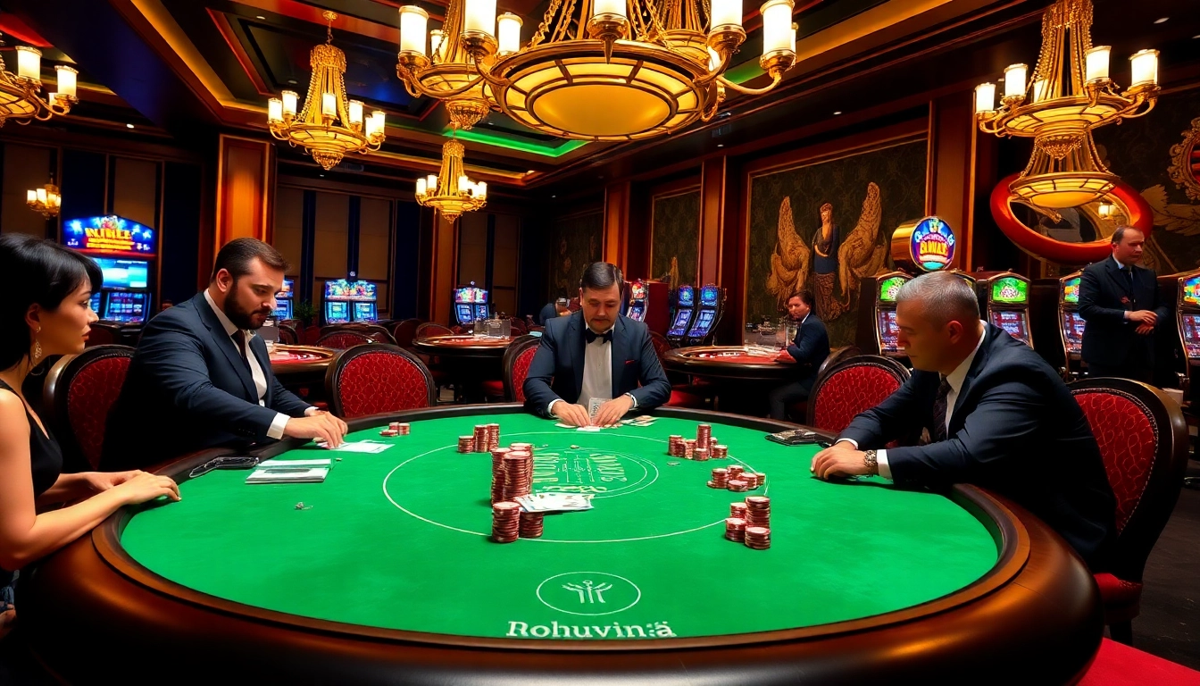 Engage with winning strategies at nohuvina.com poker table amidst a thrilling casino atmosphere.