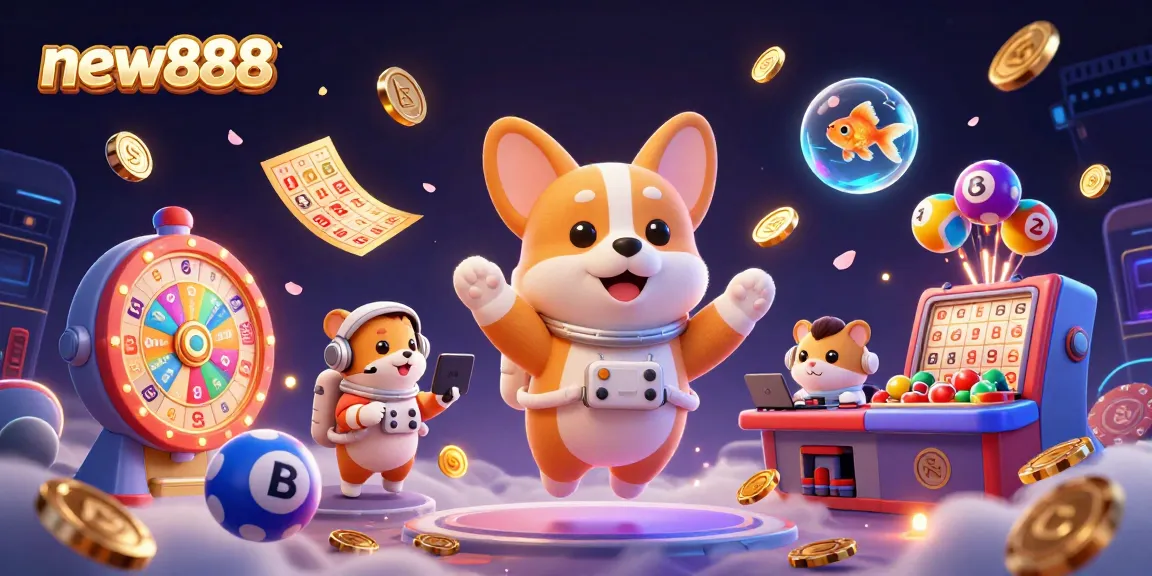 Experience thrilling games with new888 as a corgi astronaut floats in a vibrant space casino.