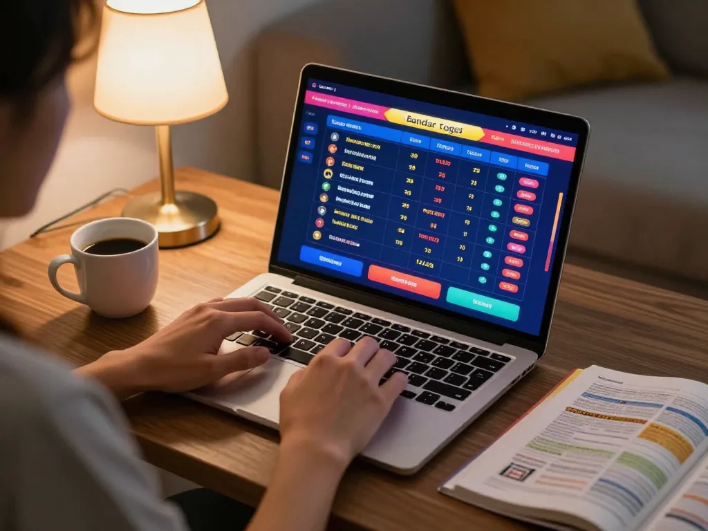 Permainan bandar togel online yang menarik di laptop dalam suasana ruang tamu yang nyaman, menyoroti momen-momen strategis.