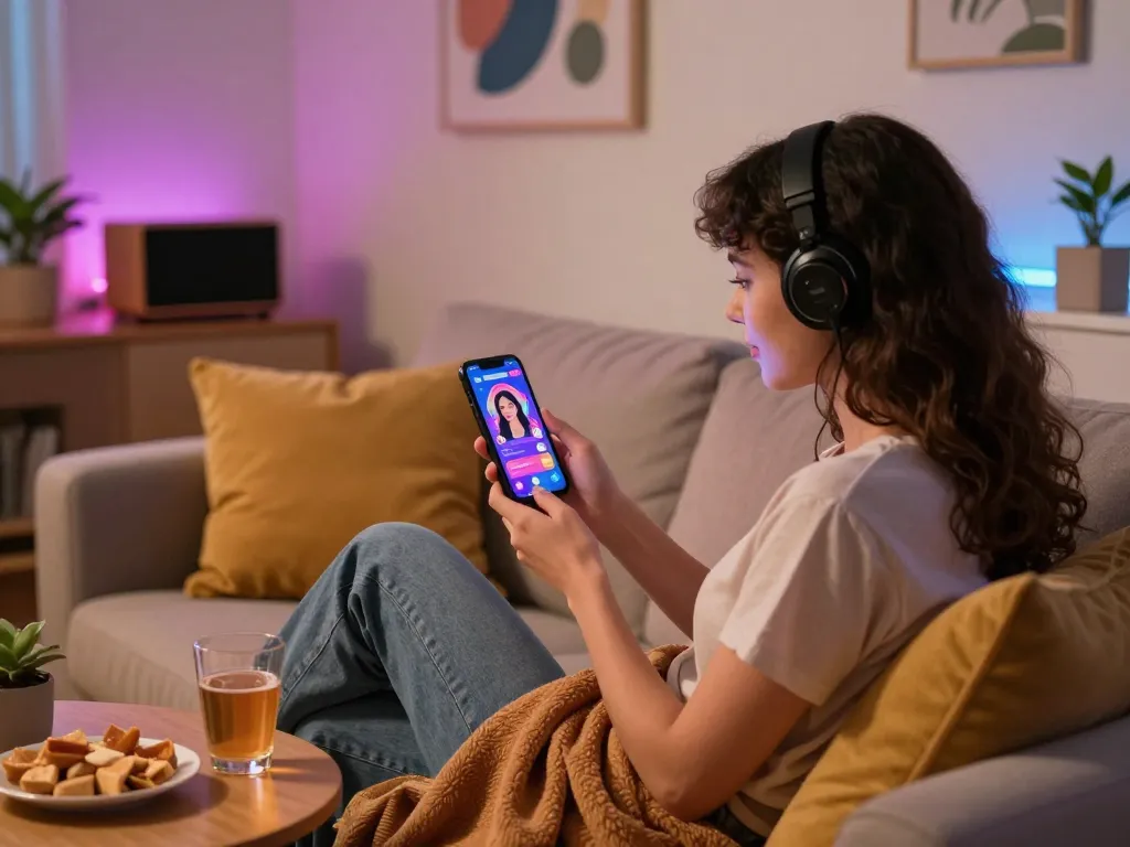Intimate scene of a user enjoying a sex chat AI on smartphone in a cozy home setting.