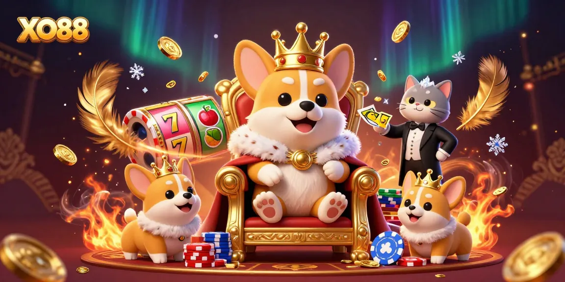 XO88 engages players with a lively slot scene featuring a royal corgi and golden card displays.