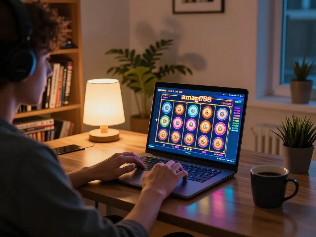 Pemain yang terlibat sedang menikmati aman788 slot online di laptop, dikelilingi oleh panduan strategi permainan.