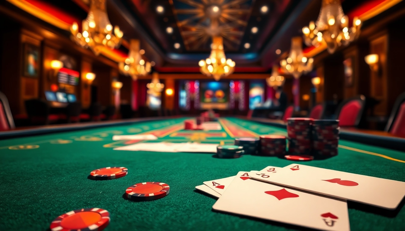 Menghadirkan pengalaman bermain luxury777 game yang megah dengan kartu dan chip di meja kasino.
