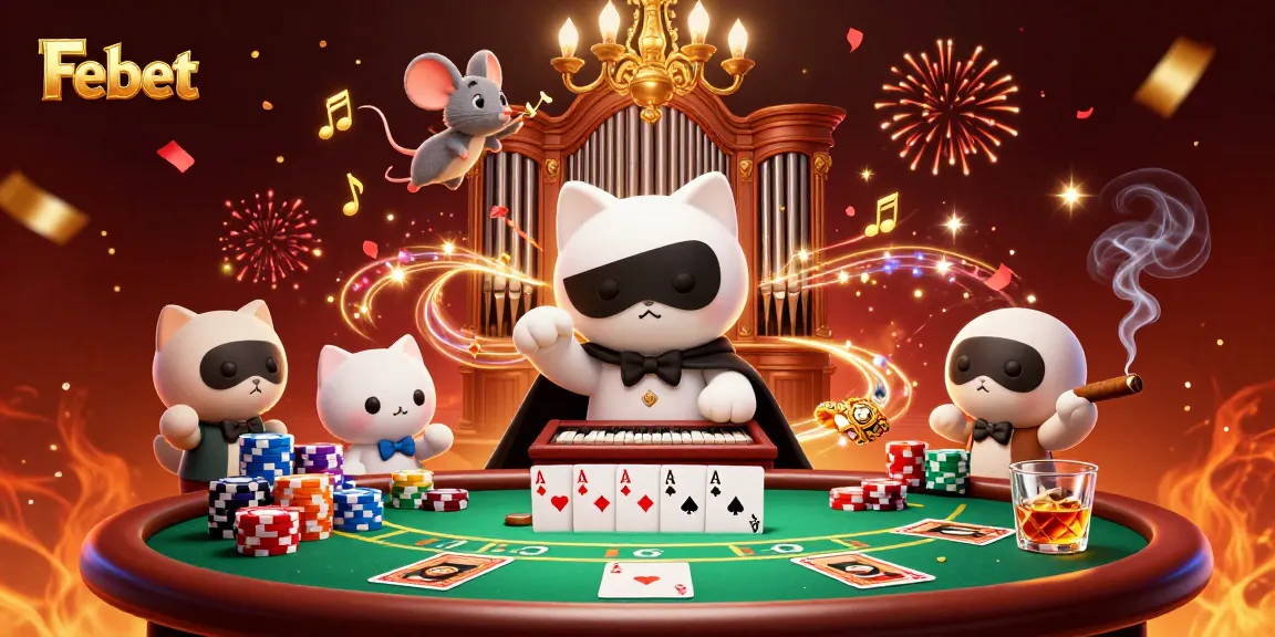 Engage with the vibrant world of Febet, showcasing a whimsical scene of a phantom cat at a casino organ surrounded by poker elements.