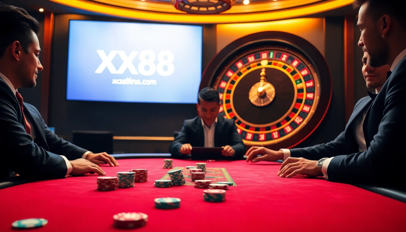 Playing poker at https://xx88casino.com with vibrant chips and roulette in an upscale casino setting.