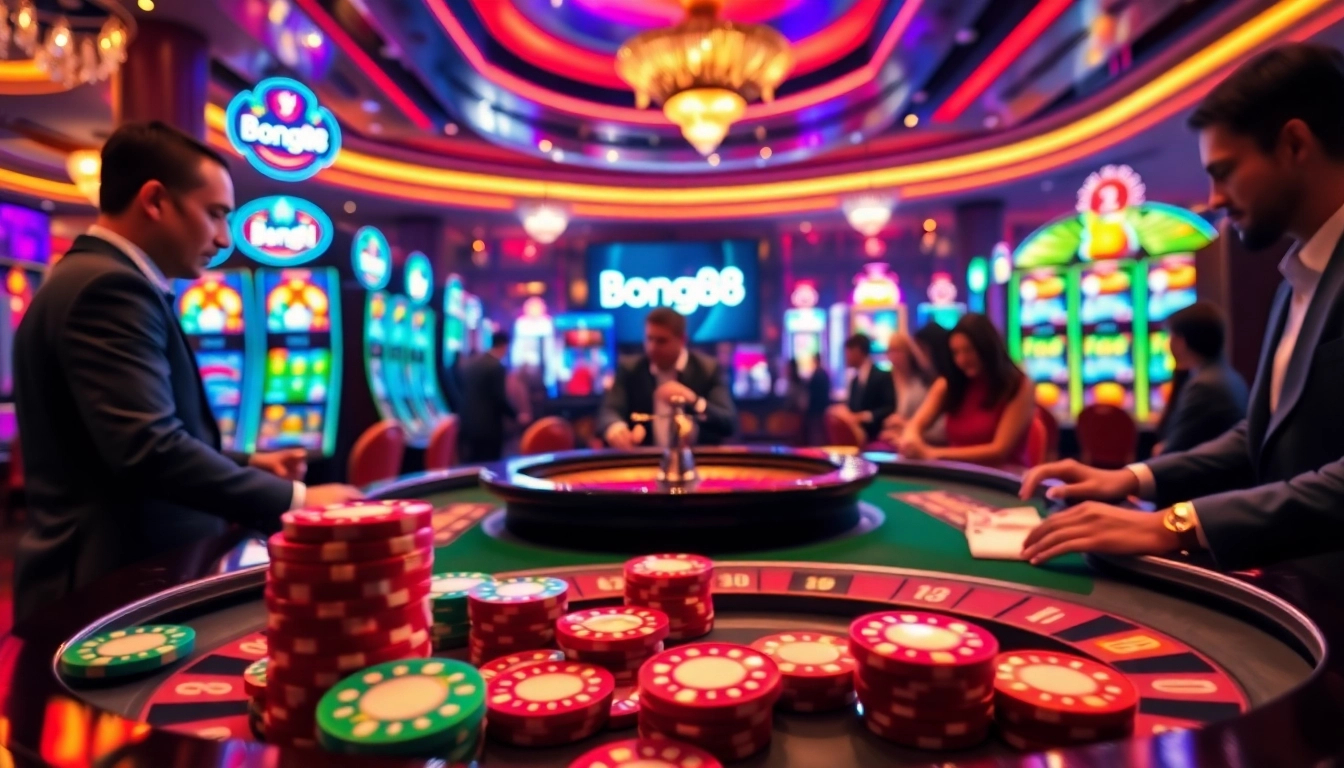 Bong88 casino scene featuring an engaging roulette table with chips and players excitedly betting.