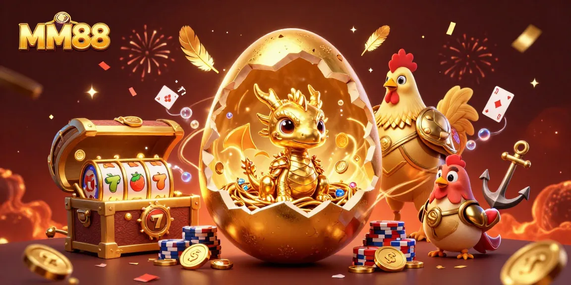 Engage in thrilling wins with MM88's golden dragon and poker chips in a festive casino atmosphere.