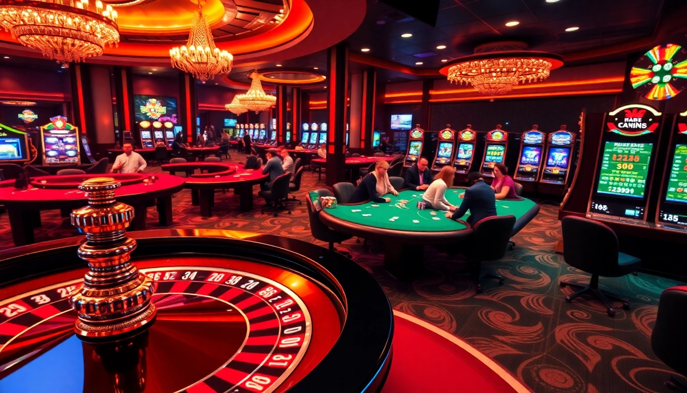 Action-packed scene showing players at poker tables in a casino featuring hidden wiki references to online gambling.