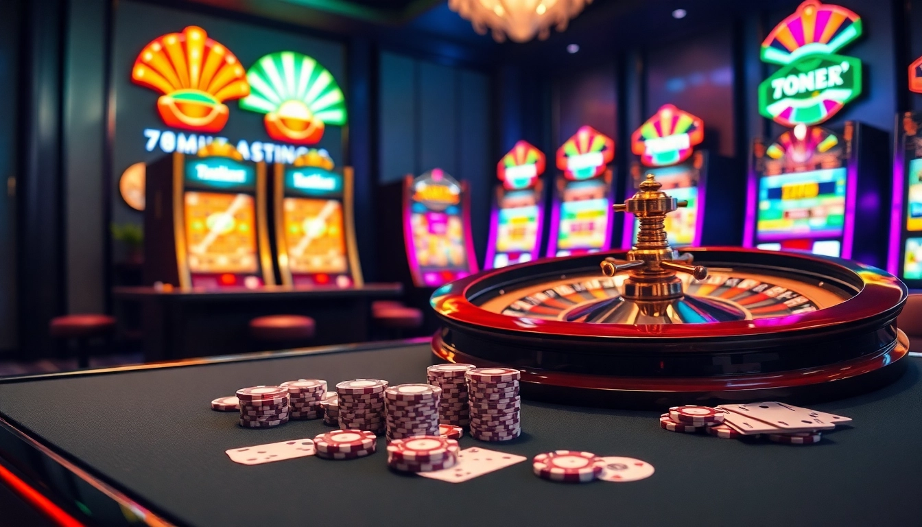 Experience the thrilling ambiance of 789win with poker chips and roulette in a luxurious casino setting.