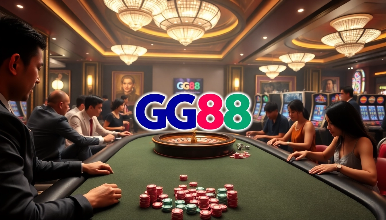 Play exciting games at GG88 Casino, featuring poker tables and vibrant chip colors.