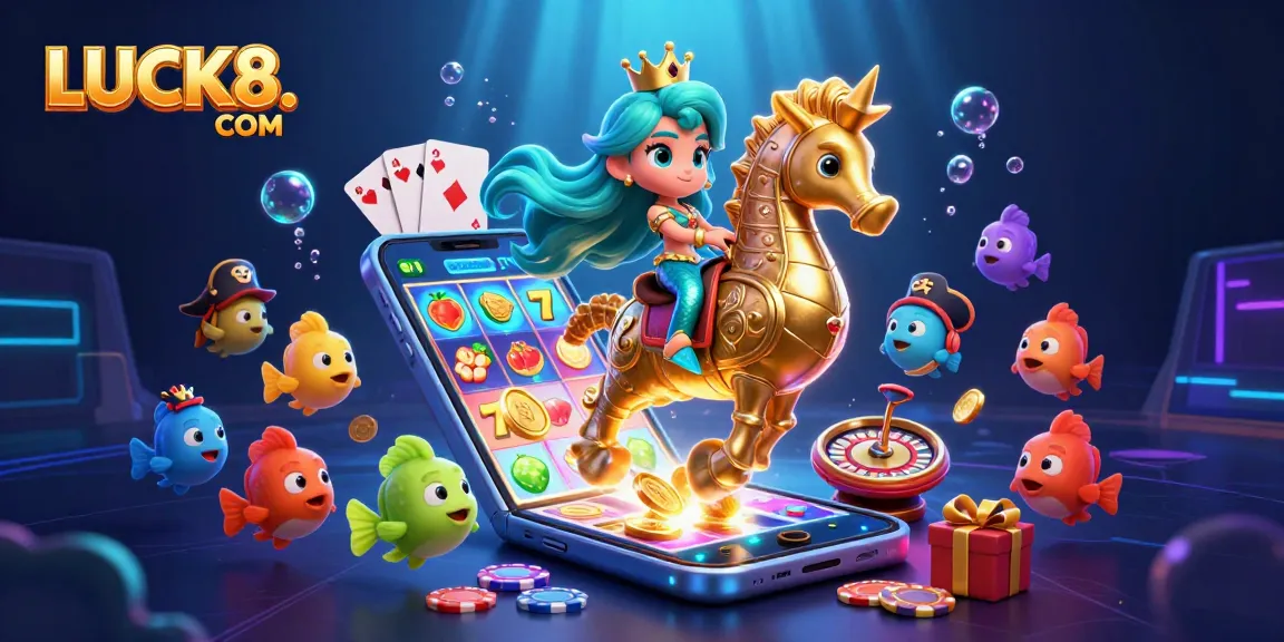 Engage in thrilling gameplay at LUCK8. COM with a vibrant casino-themed digital illustration, featuring a mermaid princess and gaming elements.