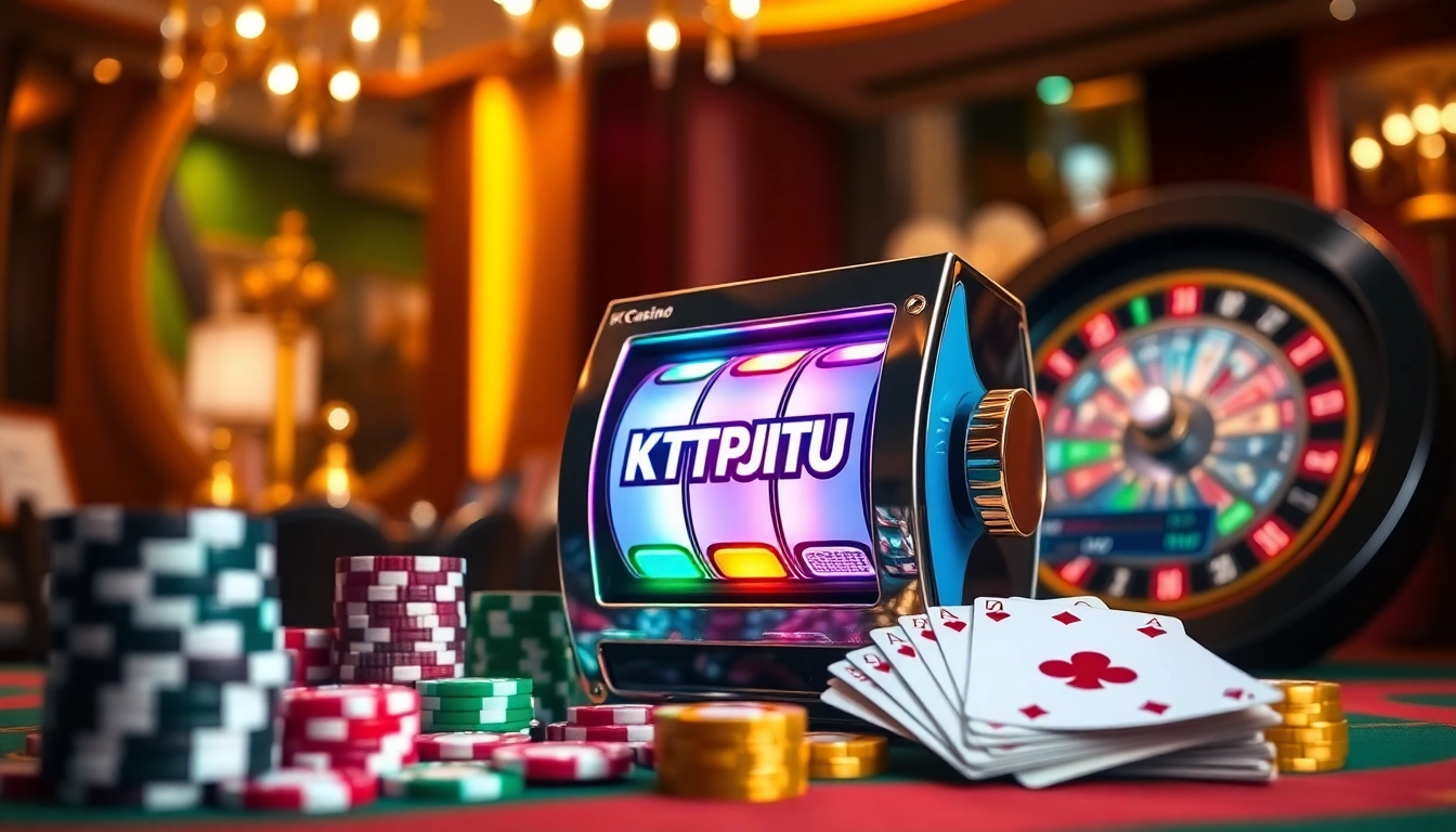 KTPJITU engaging players with an exciting online casino atmosphere featuring vibrant slot machines and poker elements.