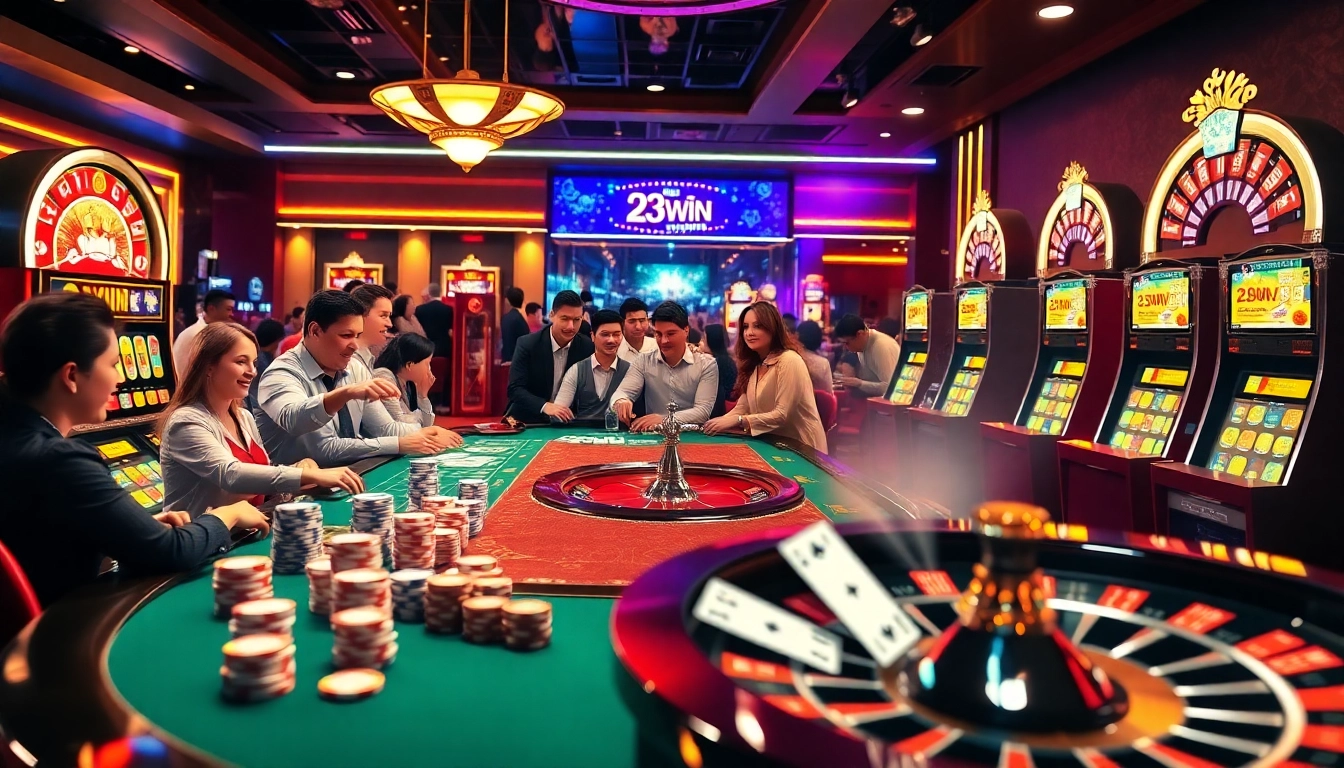Engaging players enjoying their time at 23WIN's online casino with vibrant tables and gaming elements.