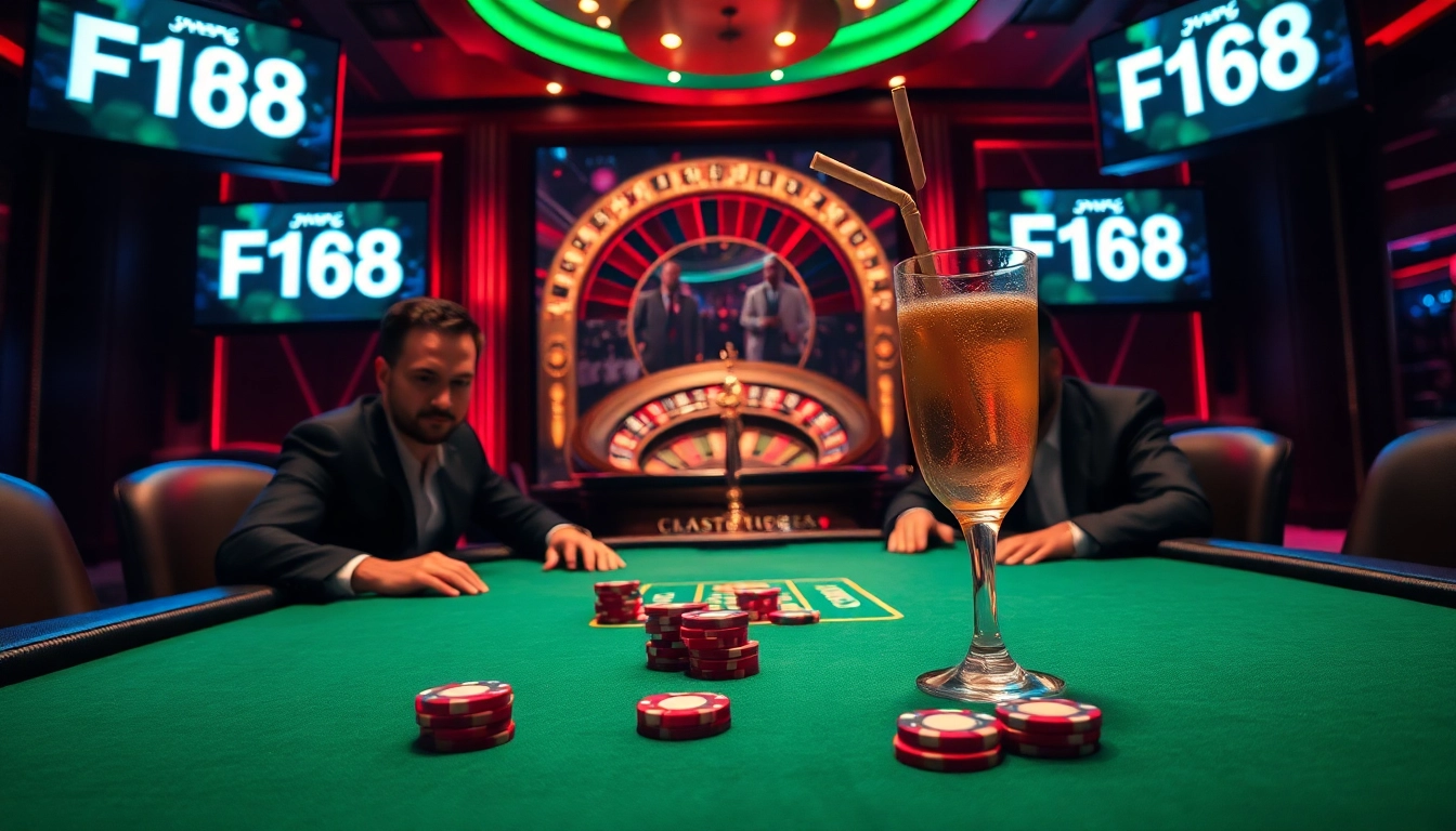 Players at the F168 poker table strategize with colorful chips and a roulette wheel in a vibrant casino.