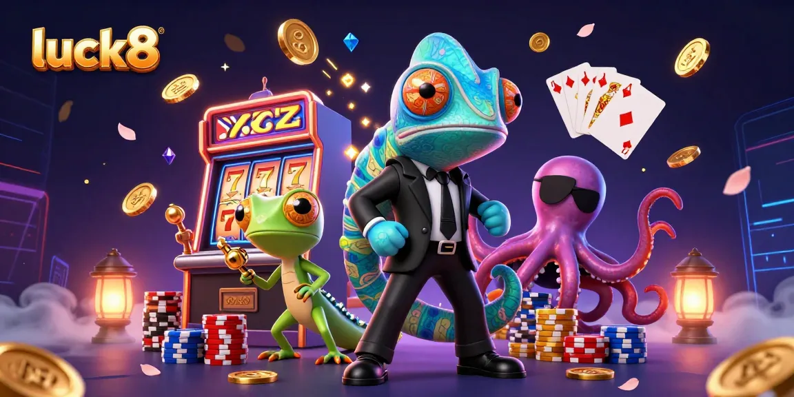 Experience casino excitement with luck8's vibrant illustration of animated characters and jackpot elements.