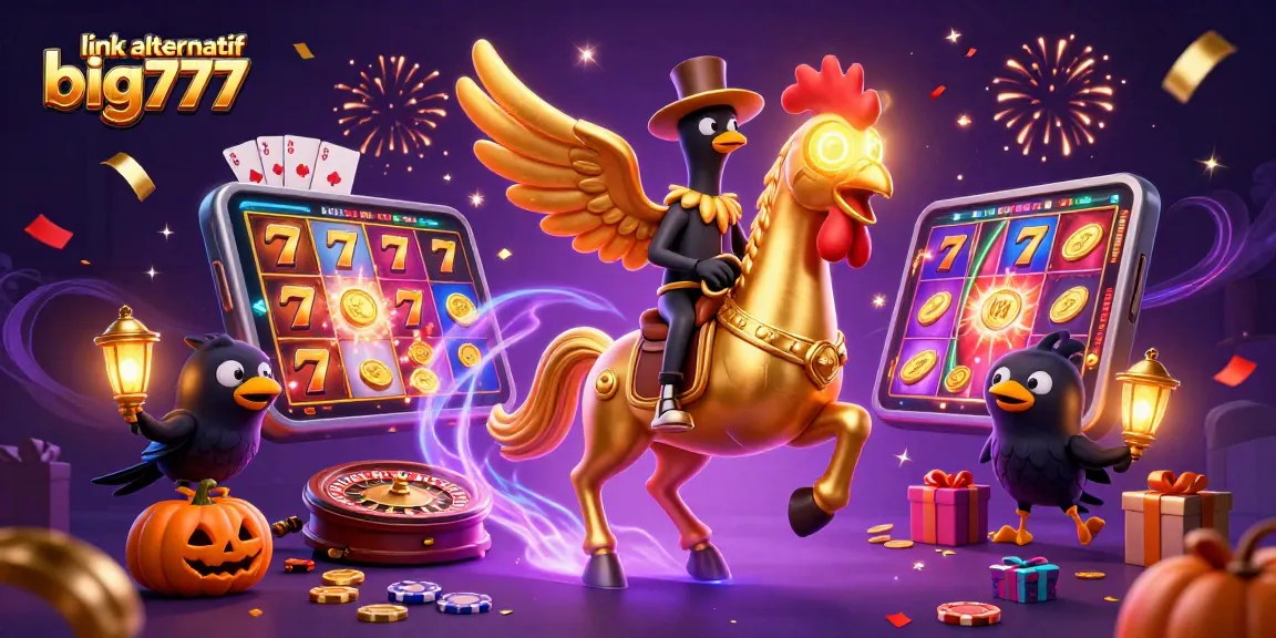 Experience link alternatif big777 action as a golden rooster rides through a vibrant casino scene.