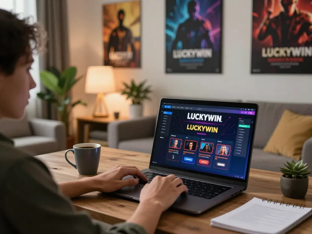 Engaging in online gaming at home using link vào LUCKYWIN on the laptop, surrounded by notes and a cozy ambience.